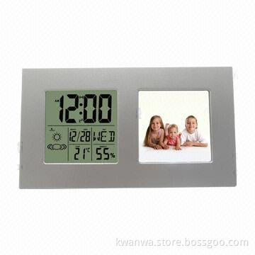 Funny desk clock with Display time, date, day of week, weather station and photo frame function